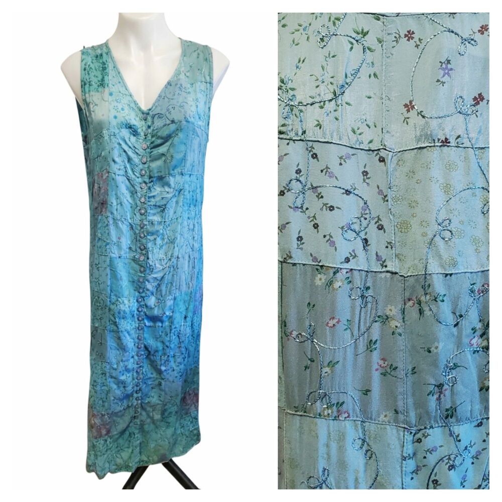 VTG BlueSky Floral Embroirered Patchwork MaxiDress L Artsy Boho Lagenlook Hippie